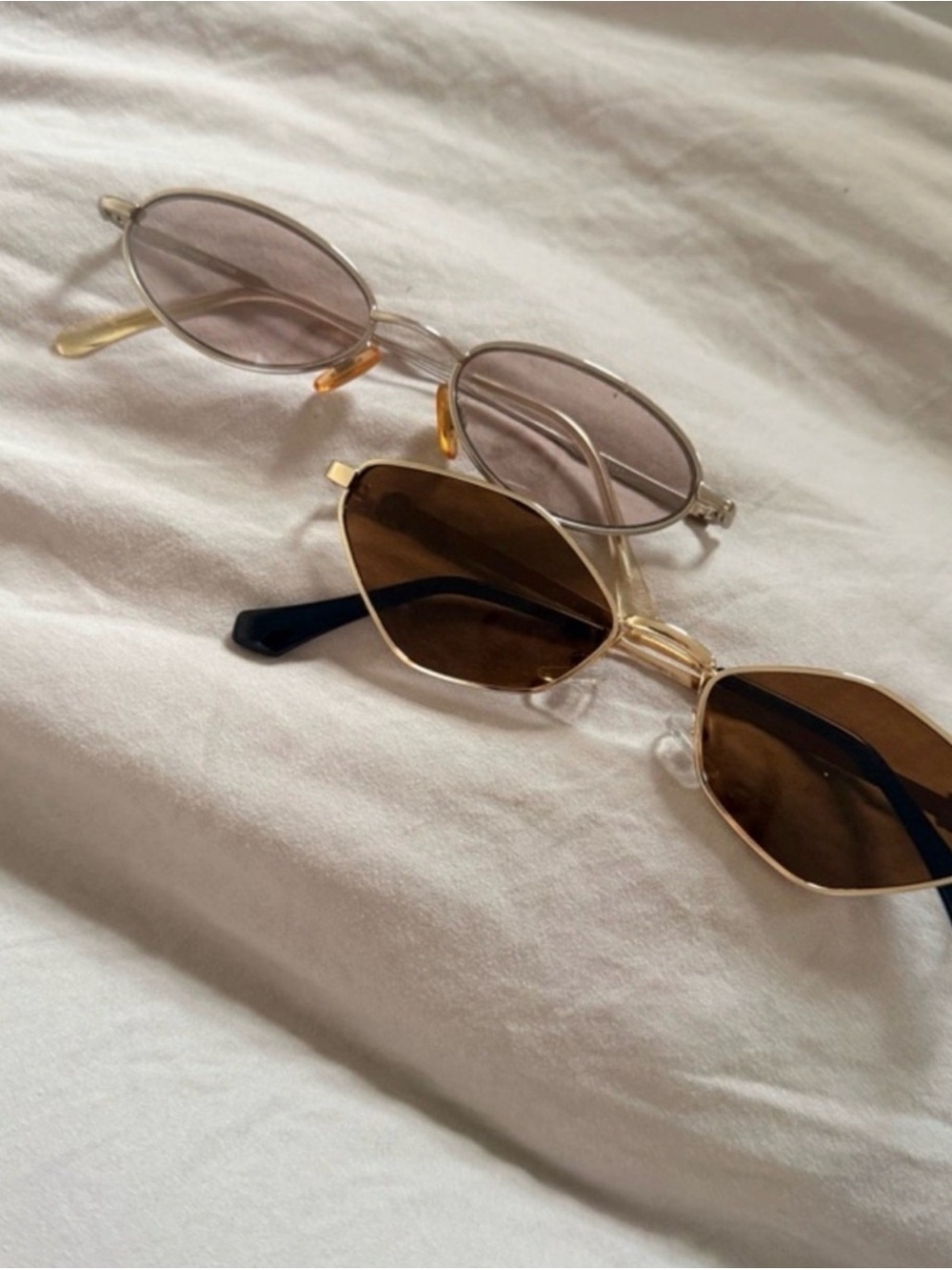 Two Retro Oval Sunglasses - Clear/Purple & Gold/Brown